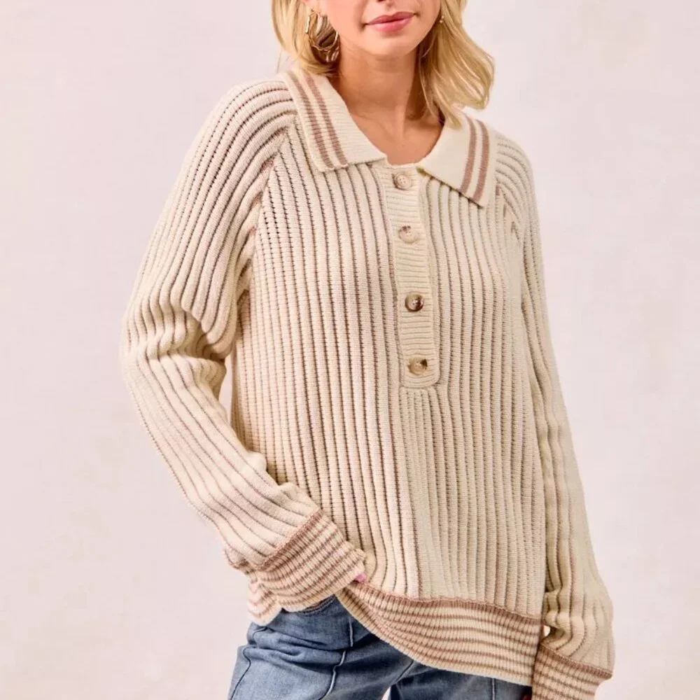 BiBi Half Button Ribbed Two Tone Sweater - Picture 1 of 16